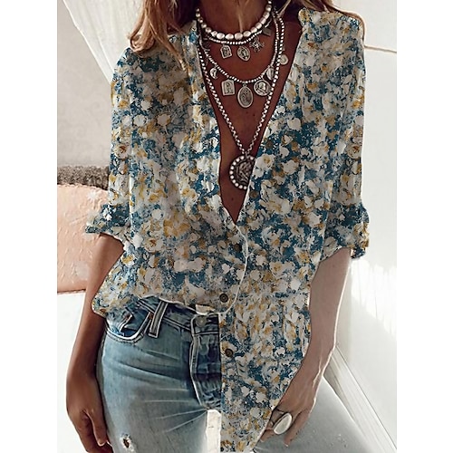 

Women's Shirt Blouse Tunic Blue Floral Button Print Long Sleeve Daily Weekend Streetwear Casual Standing Collar Regular Floral S