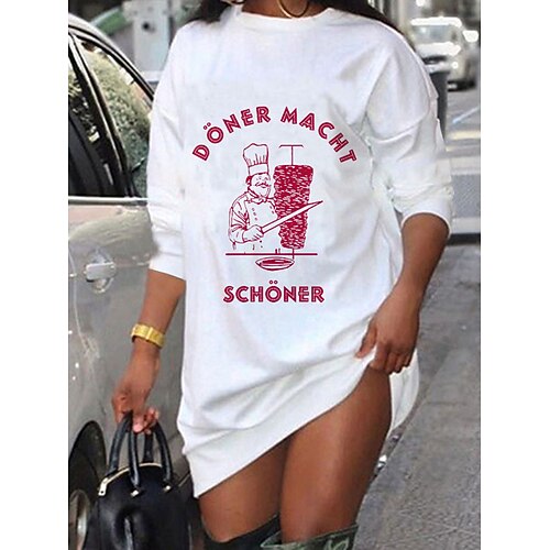 

Women's Shift Dress Short Mini Dress White Long Sleeve Print Letter Print Fall Spring Crew Neck Casual Fashion 2022 S M L XL XXL 3XL