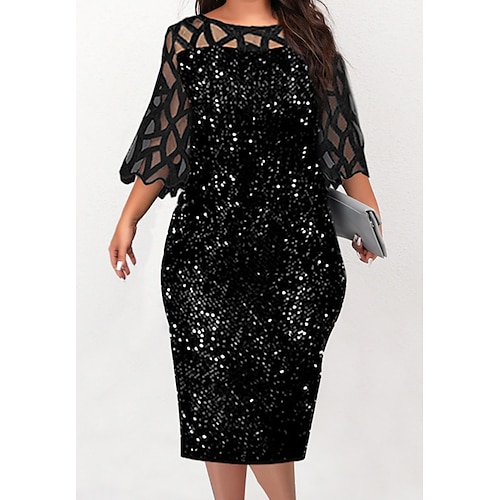 

Women's Plus Size Sheath Dress Solid Color Round Neck Sequins 3/4 Length Sleeve Fall Winter Work Casual Sexy Sequins Midi Dress Party Daily Dress / Ruffle / Mesh