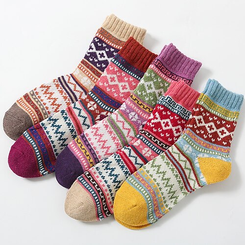 

5Pairs winter thickened socks ladies warm cross flower rabbit wool socks retro literary colorful socks