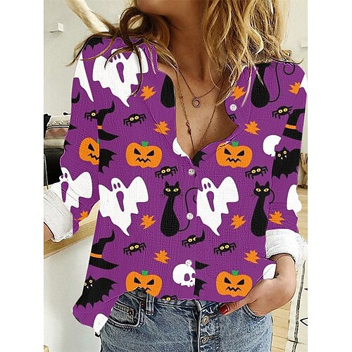 

Women's Shirt Purple Cat Print Long Sleeve Halloween Casual Vintage Casual Halloween Shirt Collar Regular 3D Cat S