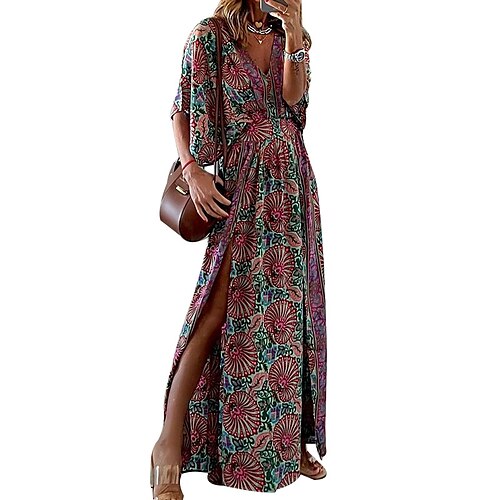 

vestido swing feminino vestido boho vestido longo maxi vestido vermelho meia manga floral dividido primavera verão decote v fim de semana ajuste solto 2023 s m l xl