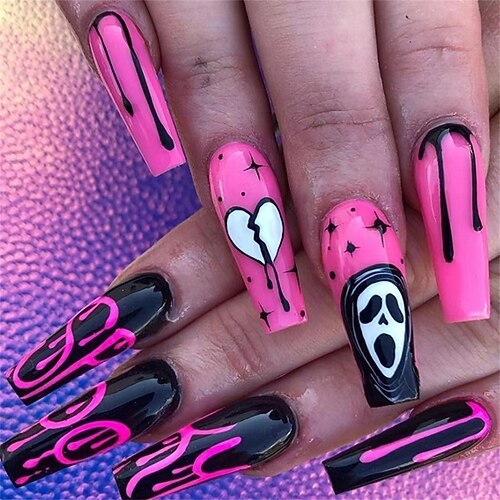 

Press on Nails Long with Ghost Face Design Full Cover Long Fake Nails Coffin False Nails for Women and Girls Acrylic Nail DIY Decoration with Nail Glue 24 Pcs