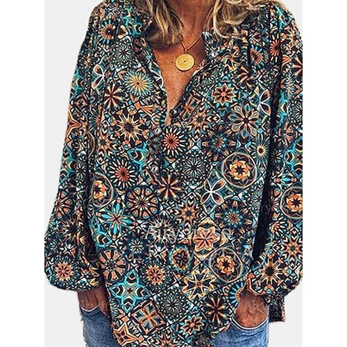 

Women's Plus Size Tops Blouse Graphic Patterned Print Long Sleeve V Neck Vintage Daily Weekend Polyester Spring Summer Blue