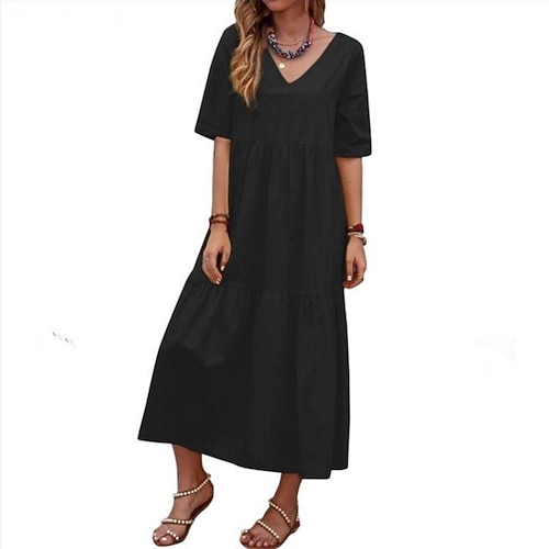 

Women's A Line Dress Midi Dress Black Blue Yellow Short Sleeve Pure Color Ruched Spring Summer V Neck Casual 2022 S M L XL XXL 3XL