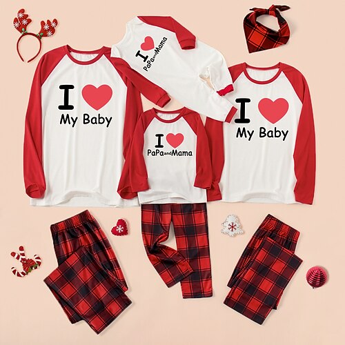 

Family Look Pajamas Plaid Heart Letter Causal Patchwork Red Long Sleeve Daily Matching Outfits