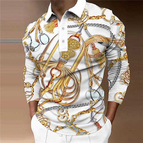 

Men's Collar Polo Shirt Golf Shirt Chains Print Turndown White 3D Print Casual Daily Long Sleeve Button-Down Print Clothing Apparel Fashion Designer Casual Breathable / Sports