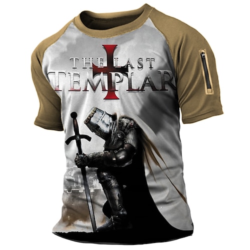 

Men's Unisex T shirt Tee Color Block Templar Cross Graphic Prints Soldier Crew Neck Gray 3D Print Outdoor Street Short Sleeve Patchwork Zipper Clothing Apparel Sports Casual Classic Big and Tall