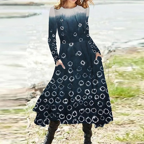 

Women's A Line Dress Midi Dress Black Blue Navy Blue Long Sleeve Floral Geometric Pocket Print Fall Spring Round Neck Casual Vacation 2022 S M L XL XXL 3XL