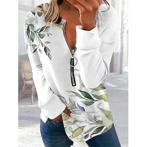 

Women's Zip Hoodie Sweatshirt Zip Up Sweatshirt Pullover Sportswear Casual Patchwork Half Zip Print White Flower Loose Fit Casual V Neck Long Sleeve