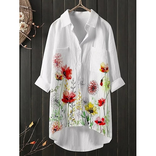 

Women's Blouse Flower Daily Weekend 3D Printed Blouse Shirt 3/4 Length Sleeve Print Shirt Collar Casual Streetwear White S