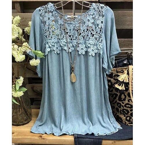 

Women's Plus Size Tops Blouse Floral Ruched Embroidered Short Sleeve Round Neck Basic Daily Vacation Polyester Spring Summer Blue