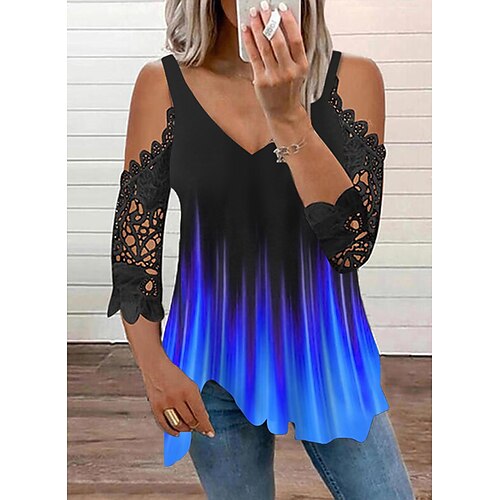 

Women's Blouse Shirt Green Blue Fuchsia Color Gradient Lace Cut Out 3/4 Length Sleeve Daily Weekend Streetwear Casual V Neck Regular S / 3D Print