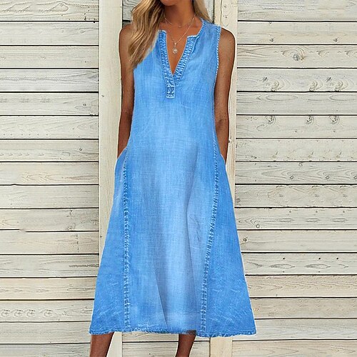 

Women's Shift Dress Maxi long Dress Blue Sleeveless Solid Color Pocket Spring Summer V Neck Casual 2022 S M L XL XXL 3XL / Denim Dress
