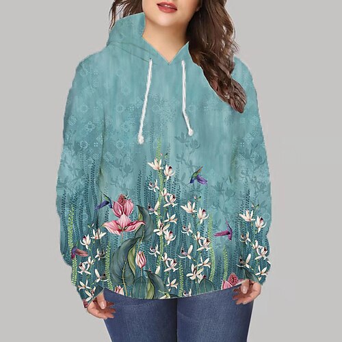 

Women's Plus Size Tops Hoodie Sweatshirt Floral Print Long Sleeve Hooded Streetwear Daily Vacation Polyester Fall Winter Blue