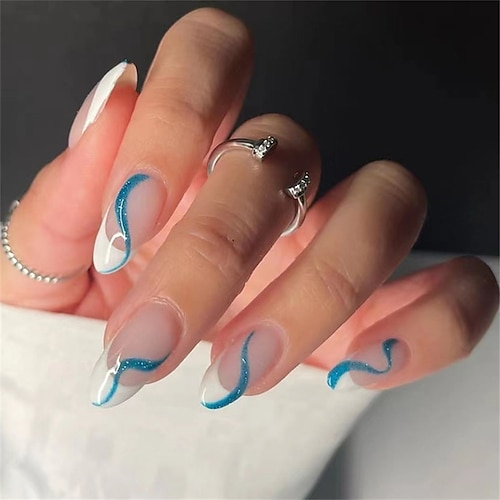 

24pcs Drop-shaped Wearing Nails Blue Stripes Shiny Fragments Gorgeous Atmospheric Nails Manicure Patches Fake Nails