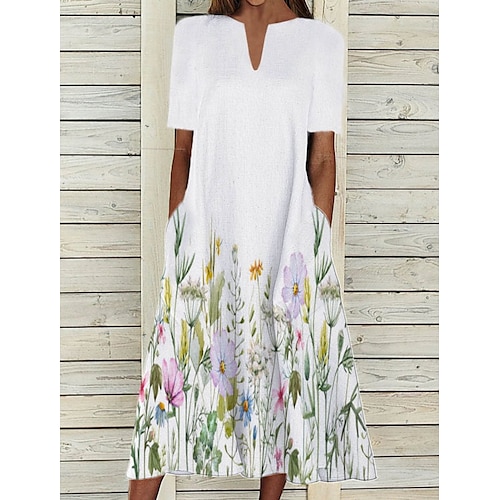 

Per donna Abito casual Vestito longuette Bianco Manica corta Floreale Stampa Primavera Estate Girocollo Informale 2023 S M L XL XXL 3XL