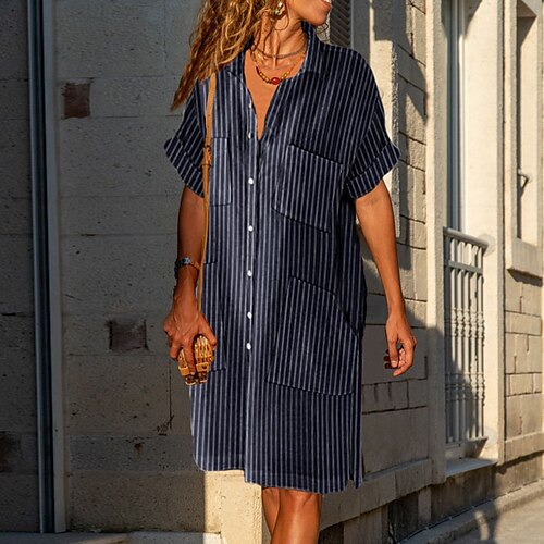

damen casual kleid hemdkleid Etuikleid midikleid dunkelblau weiß kurzarm gestreift knopf frühling sommer hemdkragen reifes wochenende lockere passform 2023 s m l xl xxl