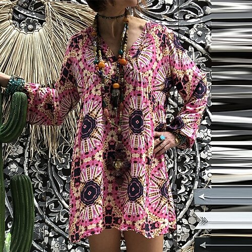 

Women's Shift Dress Short Mini Dress Green Gray Pink Orange Light Blue Long Sleeve Print Tie Dye Print Fall Spring V Neck Casual Vintage 2022 S M L XL XXL 3XL 4XL 5XL