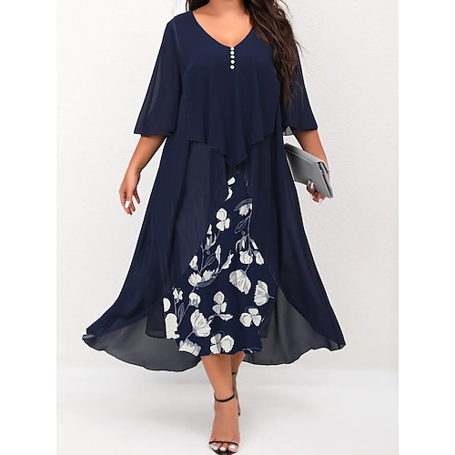 

Women's Plus Size Curve Work Dress Floral V Neck Ruched 3/4 Length Sleeve Spring Summer Work Elegant Midi Dress Layered Formal Vacation Dress