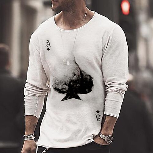 

Men's T shirt Tee 3D Print Graphic Prints Poker Crew Neck Street Casual 3D Print Long Sleeve Tops Fashion Breathable Comfortable Big and Tall White Black / Summer / Spring / Summer