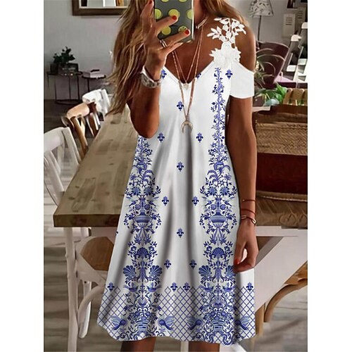 

Women's A Line Dress Knee Length Dress Blue Short Sleeve Floral Lace Cold Shoulder Print Spring Summer V Neck Casual Vacation 2022 S M L XL XXL 3XL