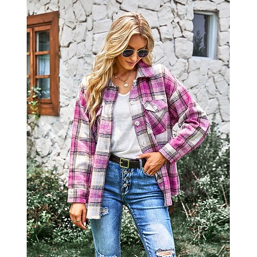 

Women's Blouse Plaid Daily Weekend Blouse Shirt Long Sleeve Pocket Button Print Shirt Collar Streetwear Green Black Blue S