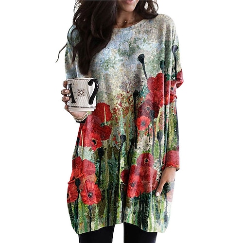 

Women's Casual Dress Shift Dress Blue Navy Blue Beige Long Sleeve Floral Pocket Winter Fall Autumn Crew Neck Winter Dress Fall Dress Loose Fit 2022 S M L XL XXL 3XL
