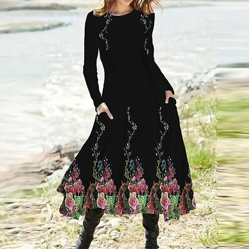 

Mujer Vestido informal Vestido de Columpio Vestido Midi Negro Manga Larga Floral Bolsillo Invierno Otoño Cuello Barco Vacaciones Vestido de invierno vestido de otoño 2023 S M L XL XXL 3XL