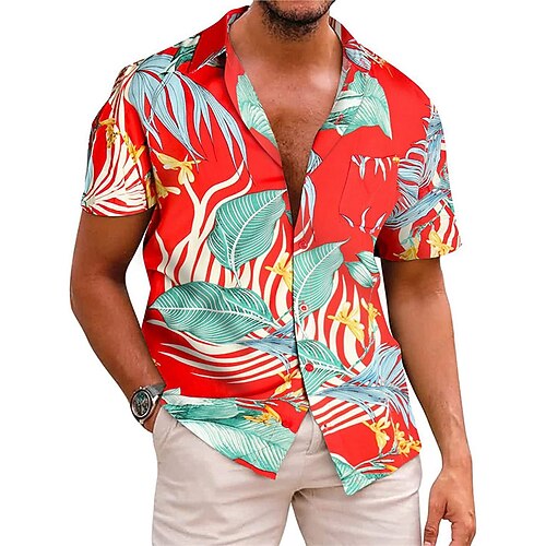 

Men's Shirt 3D Print Leaves Turndown Street Casual Button-Down Print Short Sleeves Tops Casual Fashion Breathable Comfortable Red