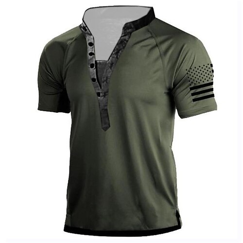 

Men's T shirt Tee Henley Shirt Tee Graphic National Flag Stand Collar Army Green Black 3D Print Plus Size Outdoor Daily Short Sleeve Button-Down Print Clothing Apparel Basic Designer Casual Big and