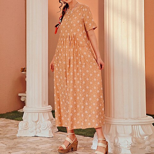 

Women's A Line Dress Maxi long Dress Orange Short Sleeve Floral Patchwork Print Spring Summer Crew Neck Fashion Modern Loose Linen XS S M L