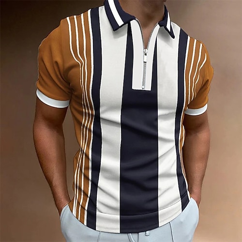 

Men's Golf Shirt Striped Turndown Casual Daily Zipper Short Sleeve Tops Fashion Classic Breathable Yellow