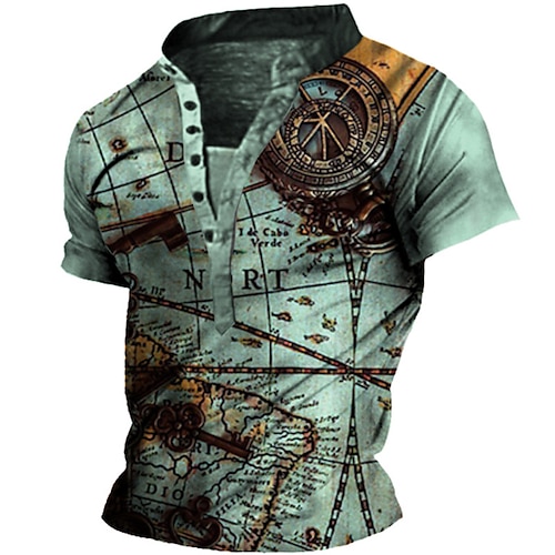 

Men's Henley Shirt Tee T shirt Tee 3D Print Graphic Patterned Map Stand Collar Daily Sports Button-Down Print Short Sleeve Tops Basic Casual Classic Big and Tall Light Green / Summer