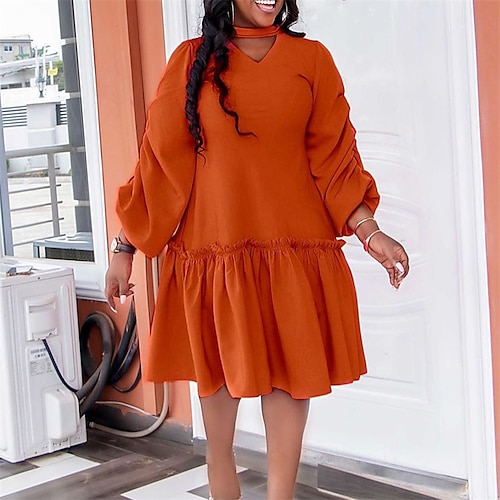 

Women's Plus Size Holiday Dress Solid Color Crew Neck Ruched Long Sleeve Fall Spring Work Formal Knee Length Dress Work Dress