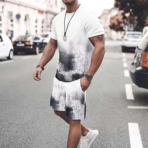 

Men's T-shirt Suits Tennis Shirt Graphic Gradient Crew Neck Blue Gray 3D Print Street Daily Short Sleeve Print Clothing Apparel 2pcs Basic Fashion Lightweight Casual / Summer / Spring / Summer