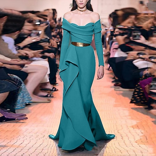 

Women's Sheath Dress Maxi long Dress Green Long Sleeve Pure Color Ruffle Fall Winter Off Shoulder Party Elegant Fashion 2022 S M L XL XXL 3XL / Party Dress