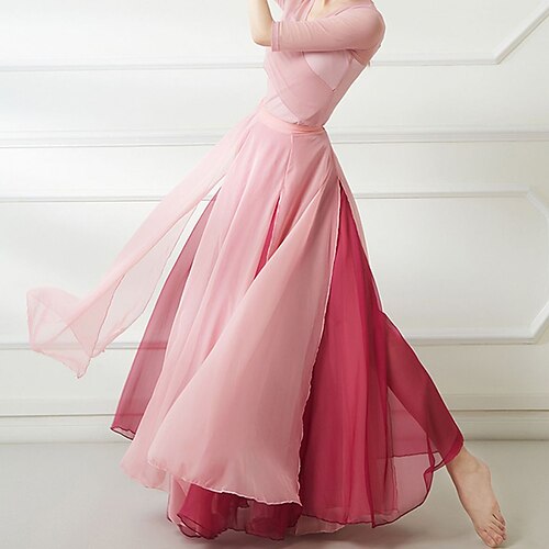 

Women's Fashion Swing Skirts Carnival Performance Chiffon Color Block Layered Blue Pink Khaki S M L / Maxi / Ruffle / Loose