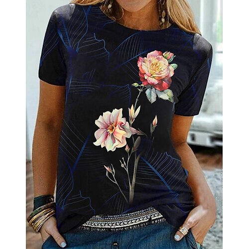 

Women's T shirt Tee Floral Casual Holiday Weekend Floral Painting T shirt Tee Short Sleeve Print Round Neck Basic Essential White Black S / 3D Print