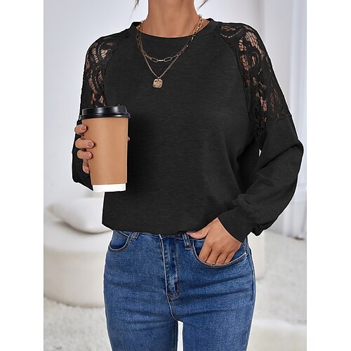 

Mulheres Camisa Social Blusa Preto Cinzento Tecido Renda Patchwork Manga Longa Diário Final de semana Roupa de rua Casual Decote Redondo Padrão S