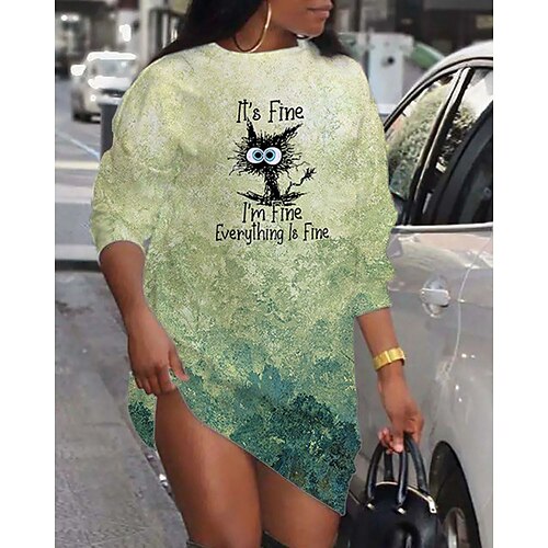 

Women's Shift Dress Short Mini Dress Green Long Sleeve Cat Letter Animal Print Fall Spring Crew Neck Casual Fashion 2022 S M L XL XXL 3XL