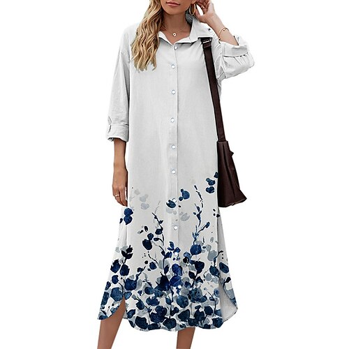 

Women's Shift Dress Midi Dress Green White Blue Pink Yellow 3/4 Length Sleeve Floral Button Print Fall Spring Shirt Collar Casual Fashion 2022 S M L XL XXL 3XL