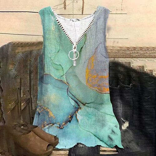 

Women's Plus Size Tops Tank Top Color Gradient Zipper Print Sleeveless V Neck Streetwear Daily Holiday Cotton Spandex Jersey Spring Summer Green