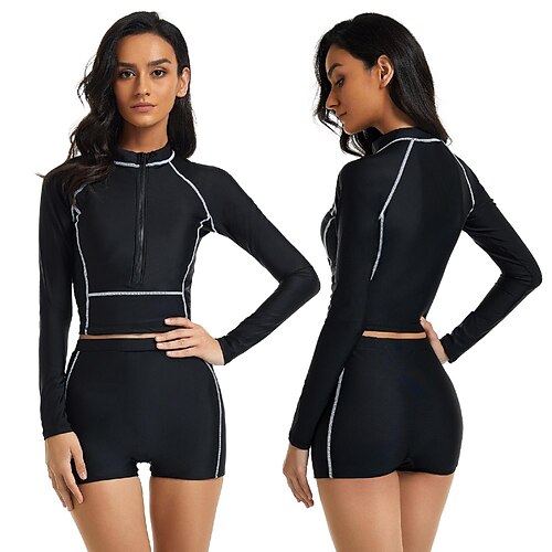 

Women's Rash guard Swimsuit Two Piece Swimsuit UV Sun Protection UPF50 Quick Dry Long Sleeve Swimwear Bathing Suit Front Zip with Boy Shorts Swimming Surfing Beach Water Sports Solid Colored Summer