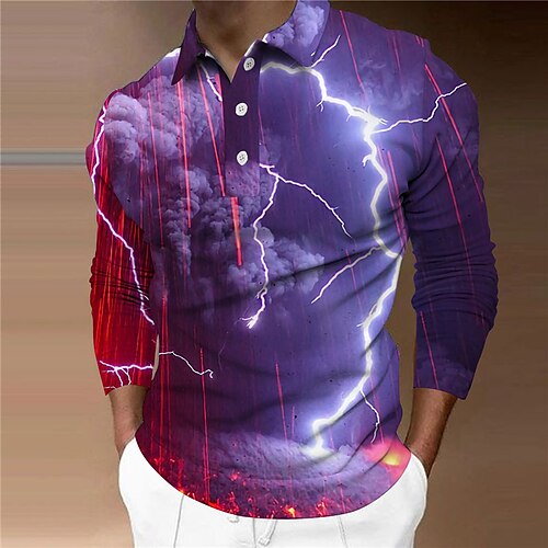 

Men's Collar Polo Shirt Golf Shirt Lightning Clouds Turndown Purple 3D Print Casual Daily Long Sleeve Button-Down Print Clothing Apparel Fashion Designer Casual Breathable / Sports