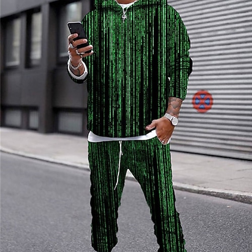 

Men's Tracksuit Hoodies Set Graphic Patterned Geometric 2 Piece Print Sports Outdoor Casual Sports 3D Print Sportswear Basic Essential Hoodies Sweatshirts Green Purple Pink
