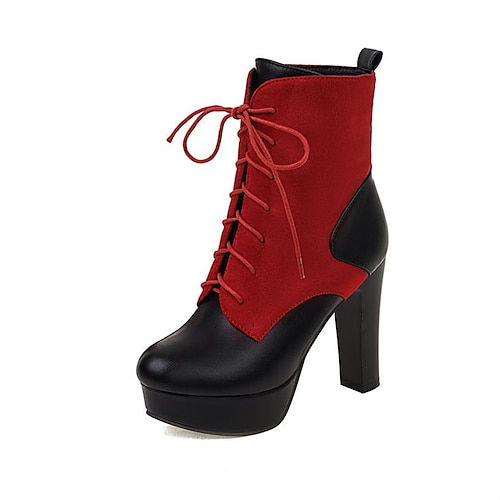 

Women's Boots Daily Lace Up Boots Booties Ankle Boots Winter Lace-up Chunky Heel Round Toe Minimalism PU Leather Lace-up Solid Colored Dark Brown Black Light Red