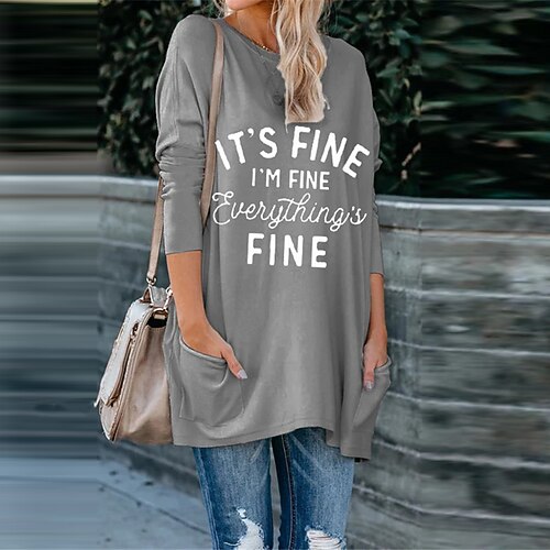 

Women's Shift Dress Short Mini Dress Gray Long Sleeve Letter Pocket Print Fall Spring Crew Neck Casual Vacation 2022 S M L XL XXL 3XL