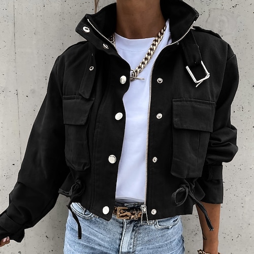 

Women's Casual Jacket Outdoor Street Daily Fall Winter Regular Coat Regular Fit Thermal Warm Streetwear Casual Jacket Long Sleeve Solid Color Pocket Zip Front Black Army Green