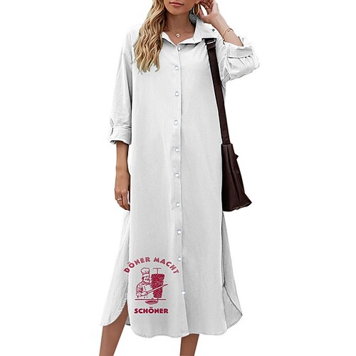

Women's Shift Dress Midi Dress White 3/4 Length Sleeve Print Letter Button Print Fall Spring Shirt Collar Casual Fashion 2022 S M L XL XXL 3XL